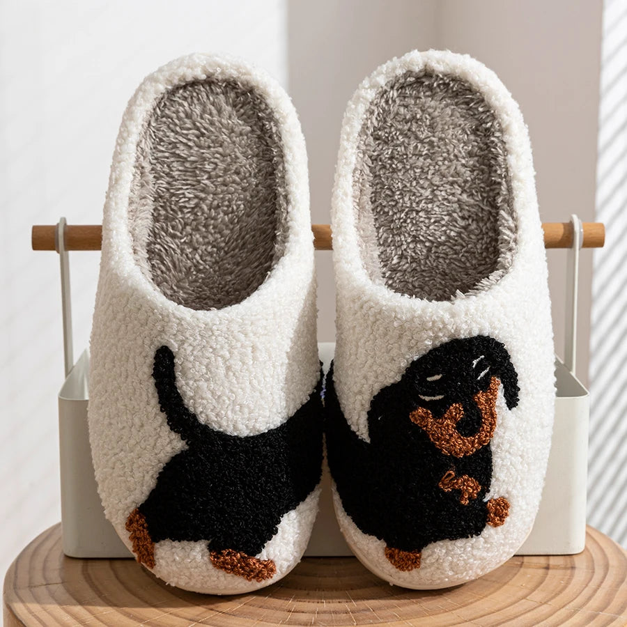 Winter Women'S Slippers Cute and Interesting Cartoon Little Black Dog Indoor Warm Comfort Home Bedroom Soft Causal Plush Shoes