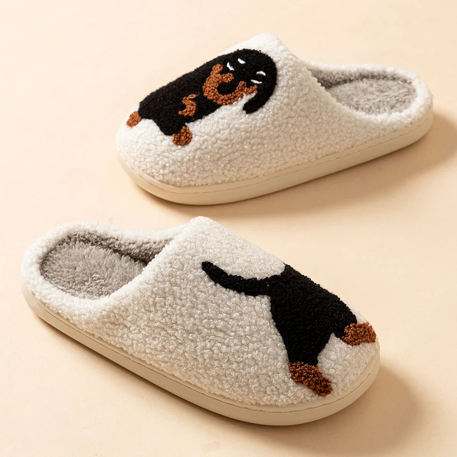 Winter Women'S Slippers Cute and Interesting Cartoon Little Black Dog Indoor Warm Comfort Home Bedroom Soft Causal Plush Shoes