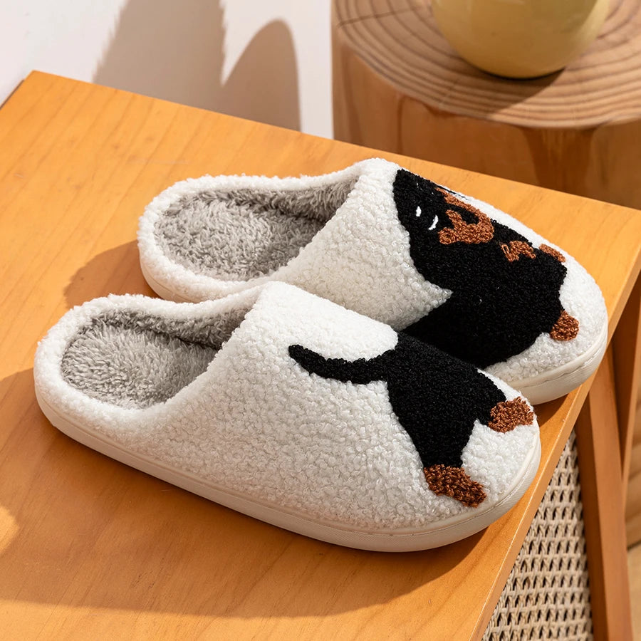 Winter Women'S Slippers Cute and Interesting Cartoon Little Black Dog Indoor Warm Comfort Home Bedroom Soft Causal Plush Shoes