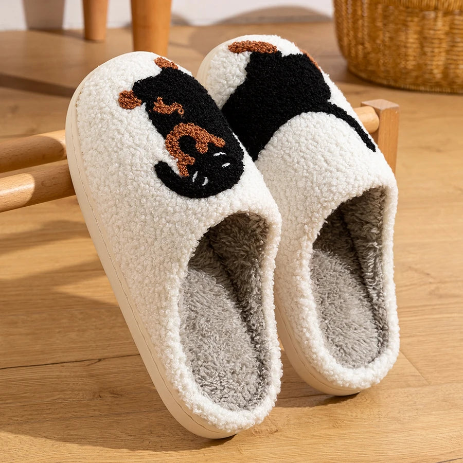 Winter Women'S Slippers Cute and Interesting Cartoon Little Black Dog Indoor Warm Comfort Home Bedroom Soft Causal Plush Shoes
