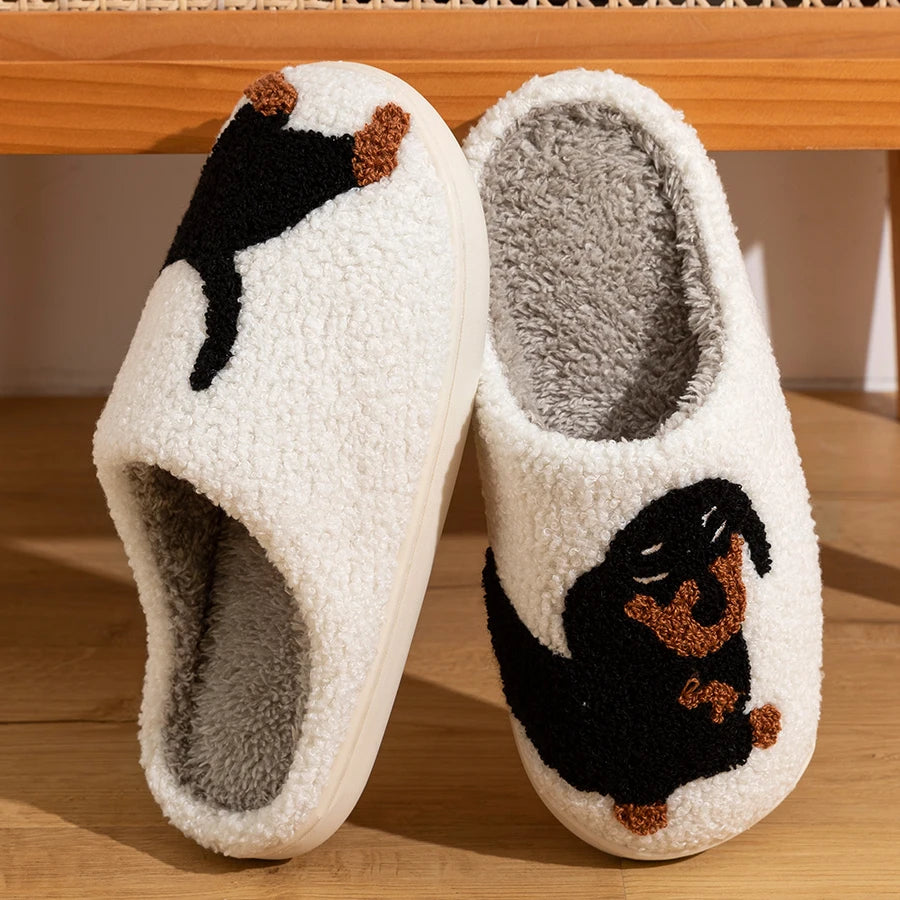 Winter Women'S Slippers Cute and Interesting Cartoon Little Black Dog Indoor Warm Comfort Home Bedroom Soft Causal Plush Shoes